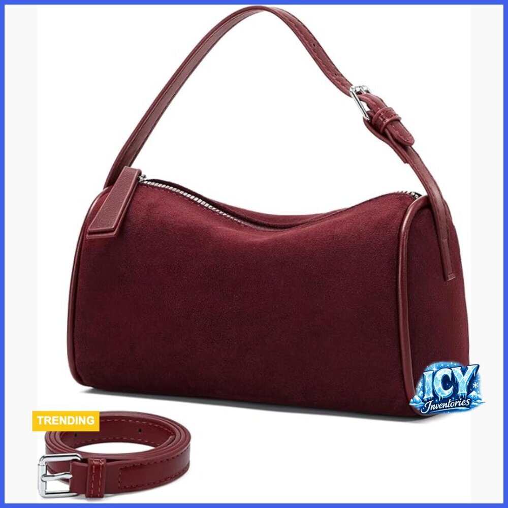 Faux Suede Barrel Hobo Crossbody Bag with Adjustable Strap